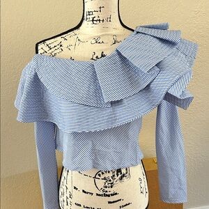 Luxe Off-Shoulder Blue Ruffle Blouse